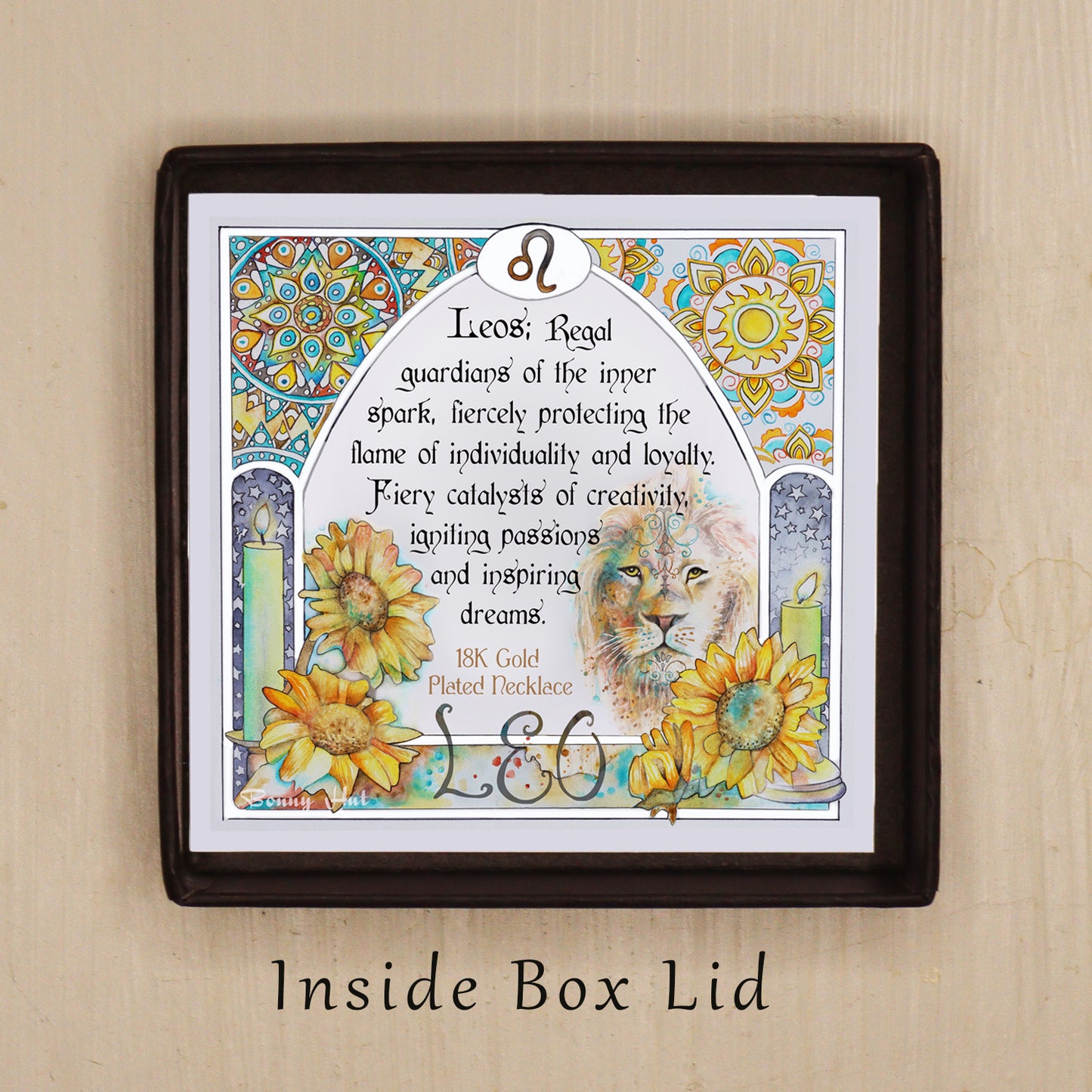 Leo birthday gift necklace-pendant, Astrology Horoscope Zodiac star-sign jewellery with inpirational quote with art nouveau artwork