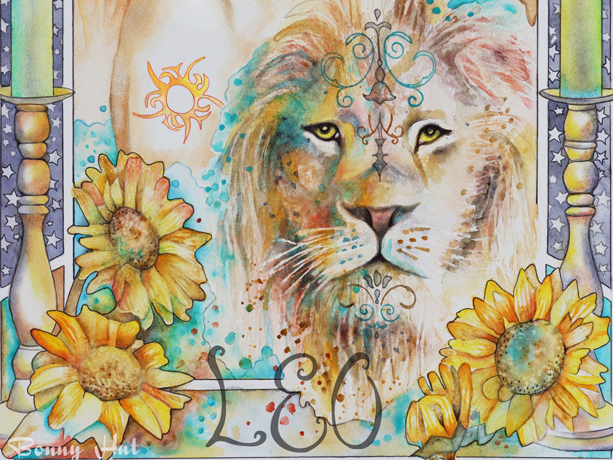 Leo watercolor wall art prints, Art Nouveau Zodiac Star Sign birthday gifts from our Metaphysical store with the Sun Goddess and her lion. Focusing on the element of fire. Detail of the lion.