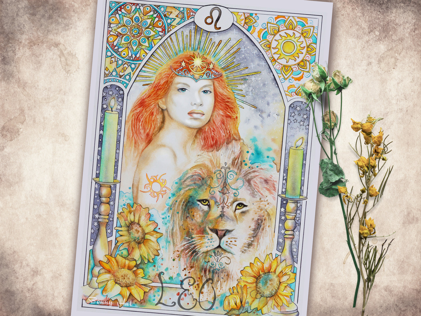 Leo watercolor wall art prints, Art Nouveau Zodiac Star Sign birthday gifts from our Metaphysical store with the Sun Goddess and her lion. Focusing on the element of fire.