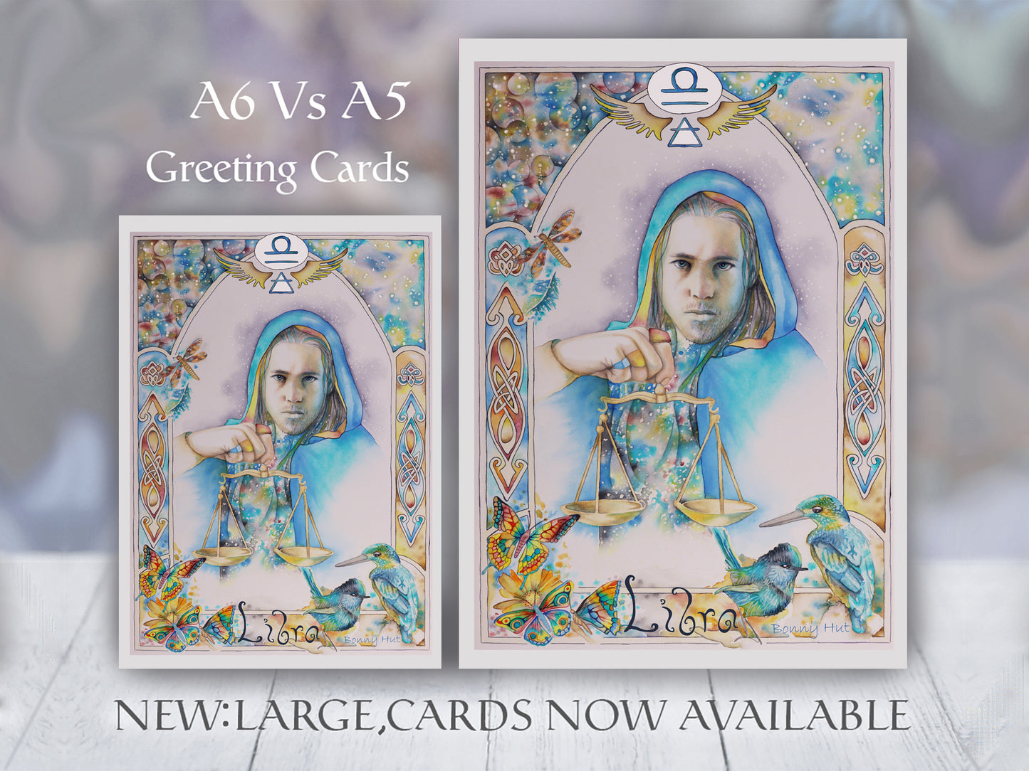 Libra Star sign Birthday Card. Zodiac Celestial Art Nouveau watercolor art folded cards. Large A5 and smaller A6 sizes.