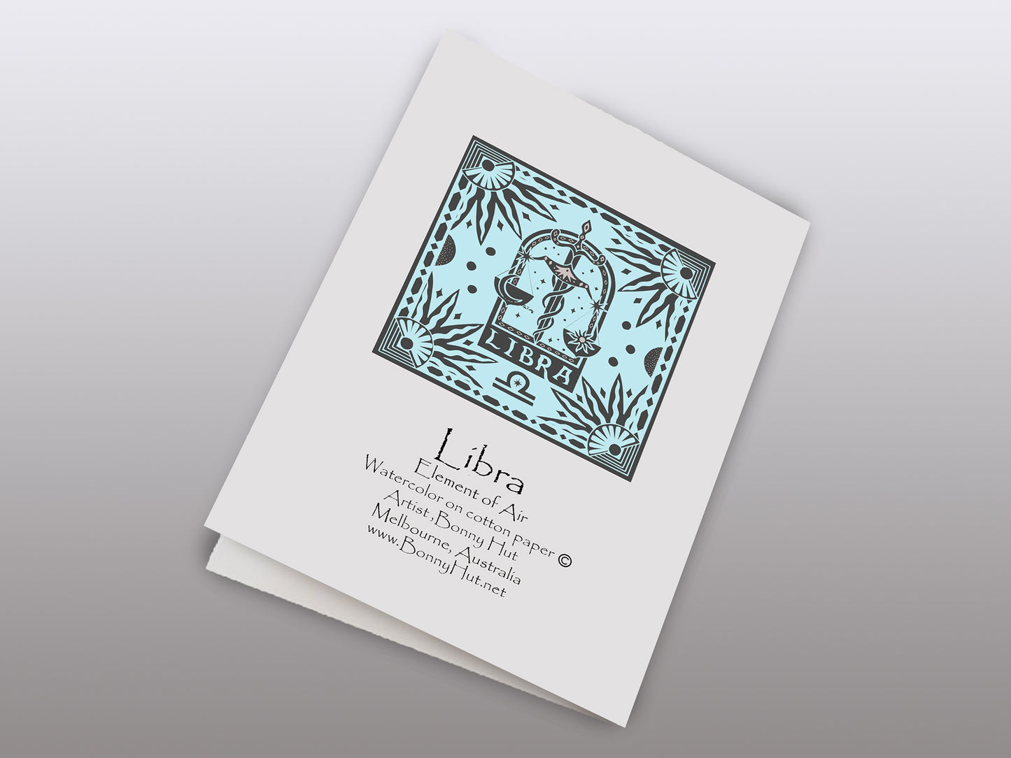Libra Star sign Birthday Card. Zodiac Celestial Art Nouveau watercolor art card. Back of the card.