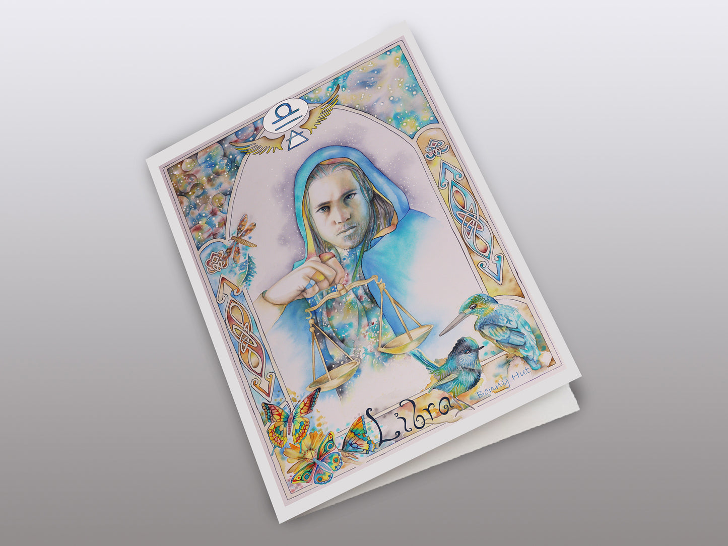 Libra Star sign Birthday Card. Zodiac Celestial Art Nouveau watercolor art folded card with a focus on the element of air.