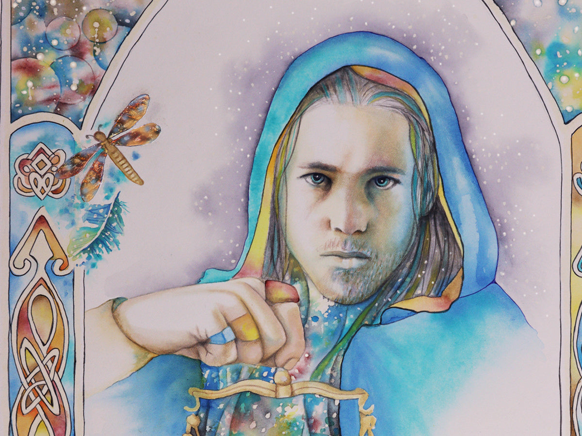 Libra Star sign Birthday Card. Zodiac Celestial Art Nouveau watercolor art folded cards. Portrait detail of the painting.
