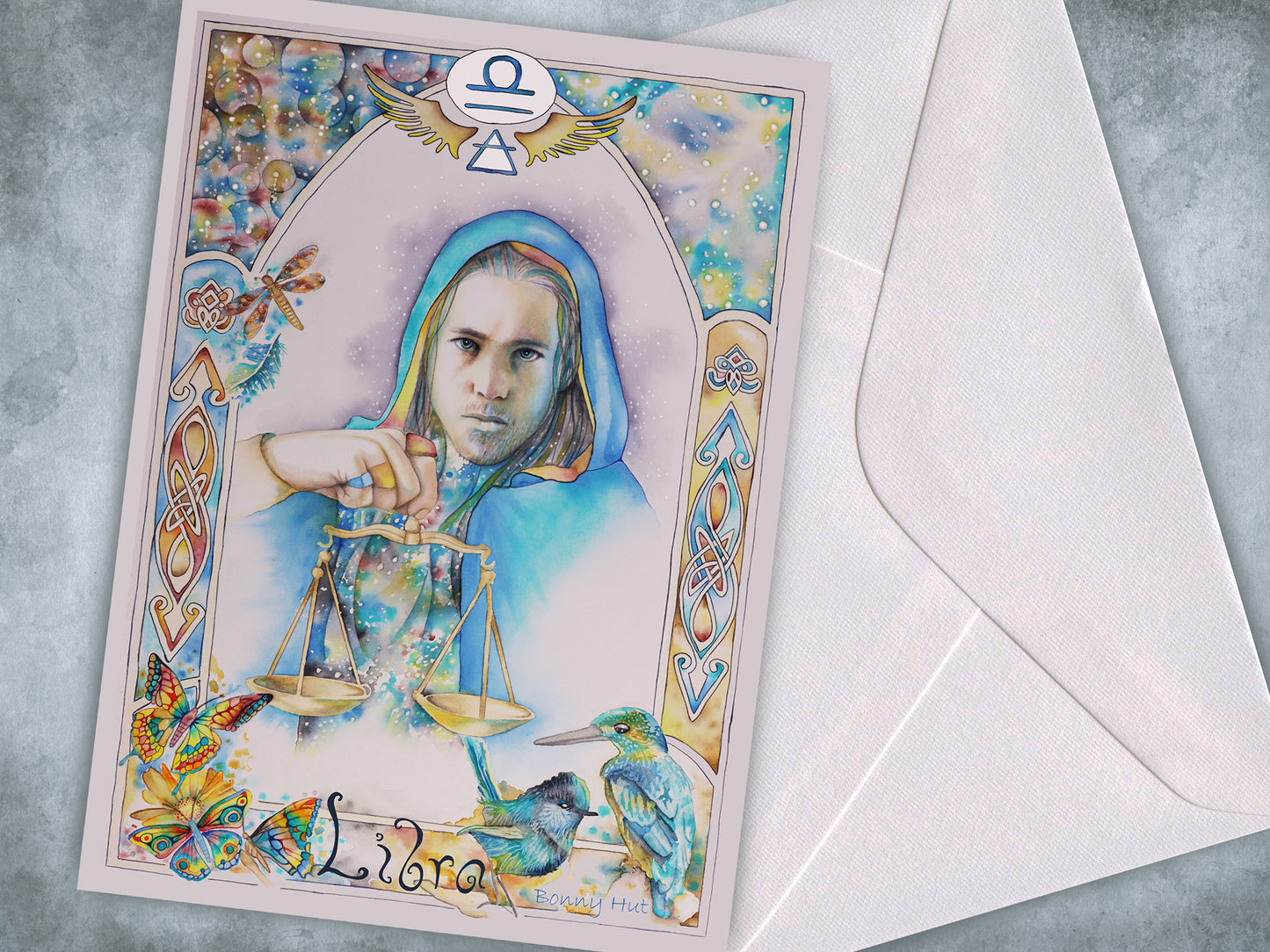 Libra Star sign Birthday Card. Zodiac Celestial Art Nouveau watercolor art folded cards.