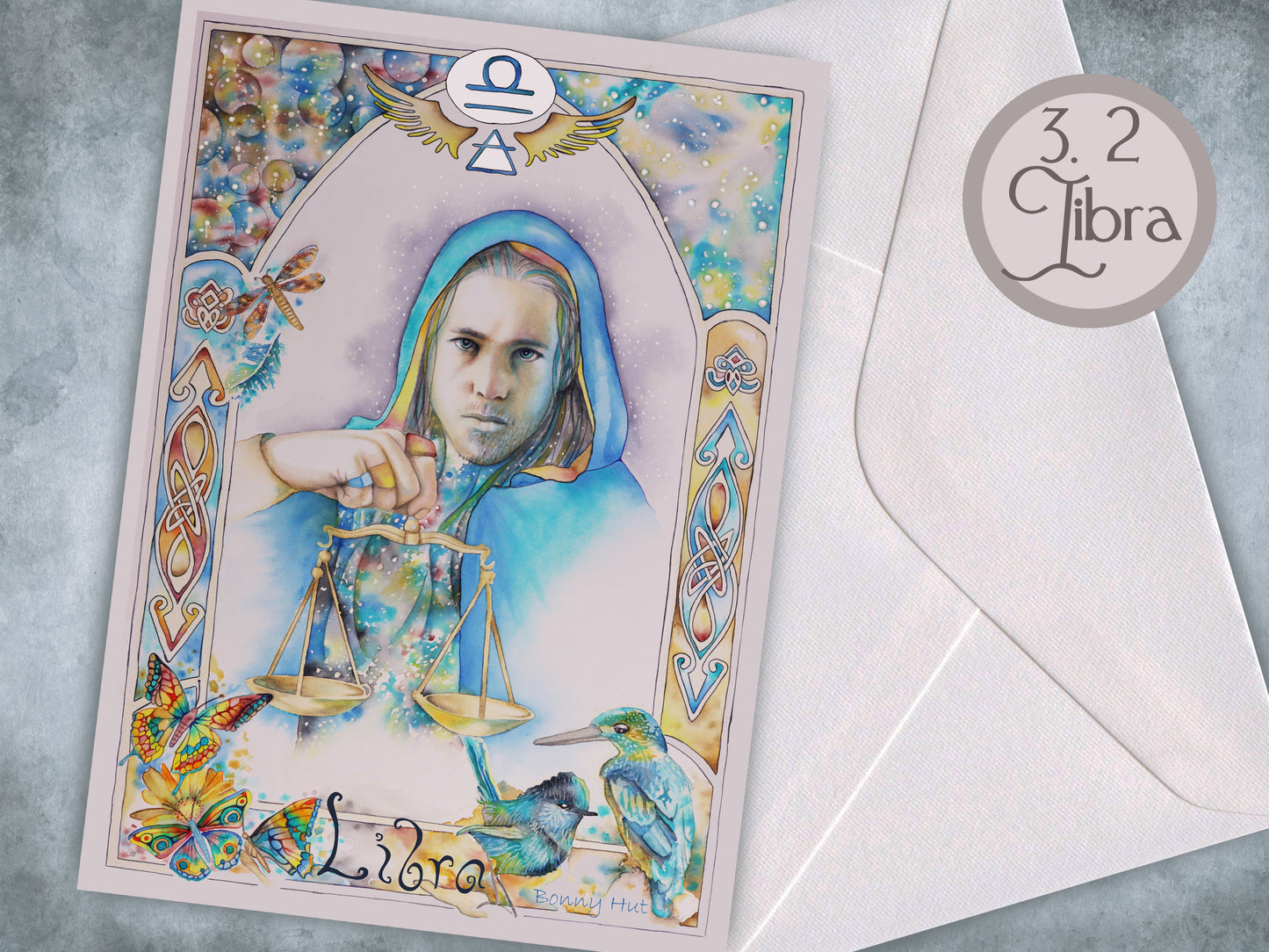 Libra - 12 Star sign Birthday Card set. Zodiac Celestial Art Nouveau watercolor art folded cards pack or mixed option to choose from.