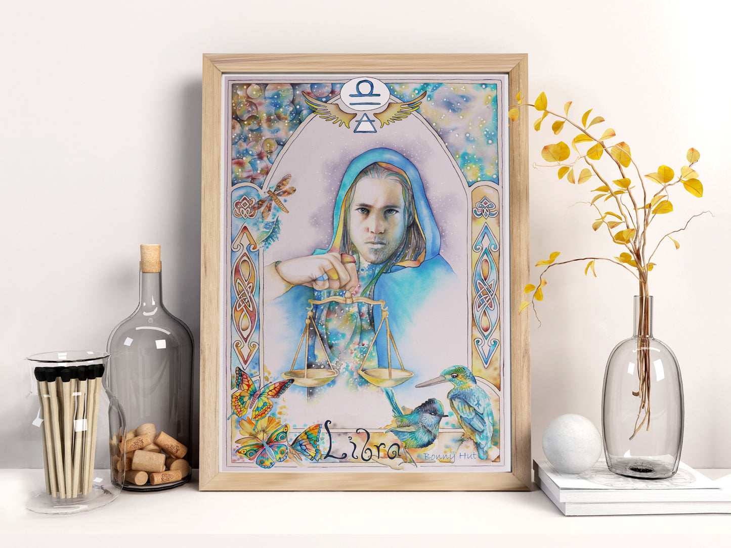 Libra watercolor framed wall art prints, Art Nouveau Zodiac Star Sign birthday gifts from our Metaphysical store.