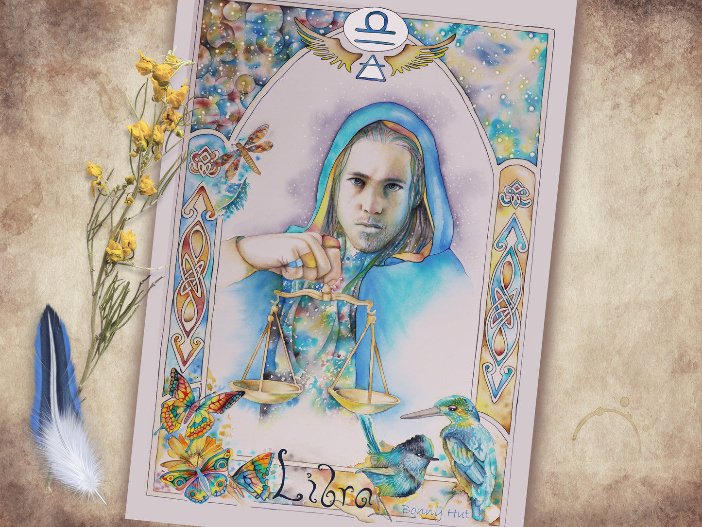 Libra watercolor wall art prints, Art Nouveau Zodiac Star Sign birthday gifts from our Metaphysical store.