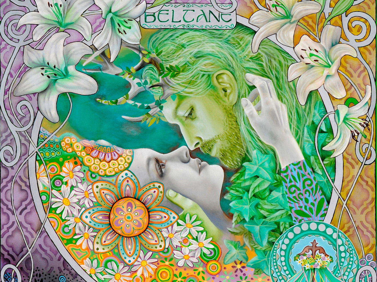 Beltane art nouveau inspired greeting cards framed - Wiccan Wheel of the Year Pagan Sabbat for weddings and Handfastings with portraits of the May Queen and Greenman oil painting