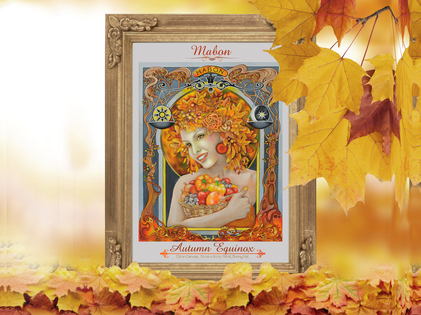 Mabon Autumn Equinox Framed Giclee art print from an Art Nouveau inpired original oil painting of the Wiccan Wheel of the Year - 8 Pagan Sabbats