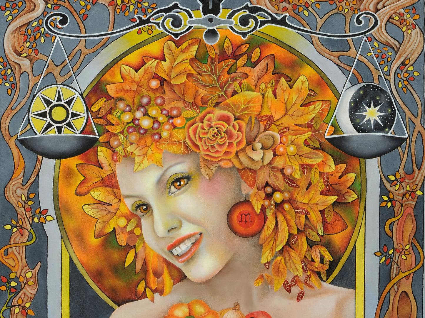 Mabon Autumn Equinox art greeting cards - Art Nouveau inspired portrait oil painting detail Wiccan Wheel of the Year - Pagan Sabbat