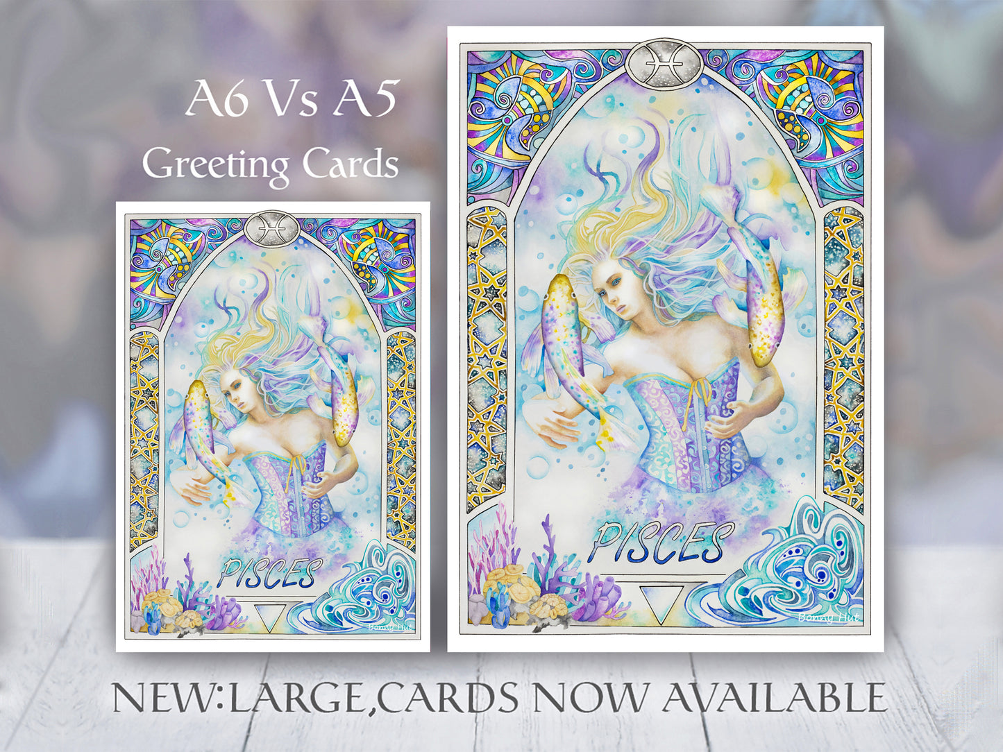 Pisces Star sign Birthday Card. Zodiac Celestial Art Nouveau watercolor art folded cards with large A5 size and smaller A6 size.
