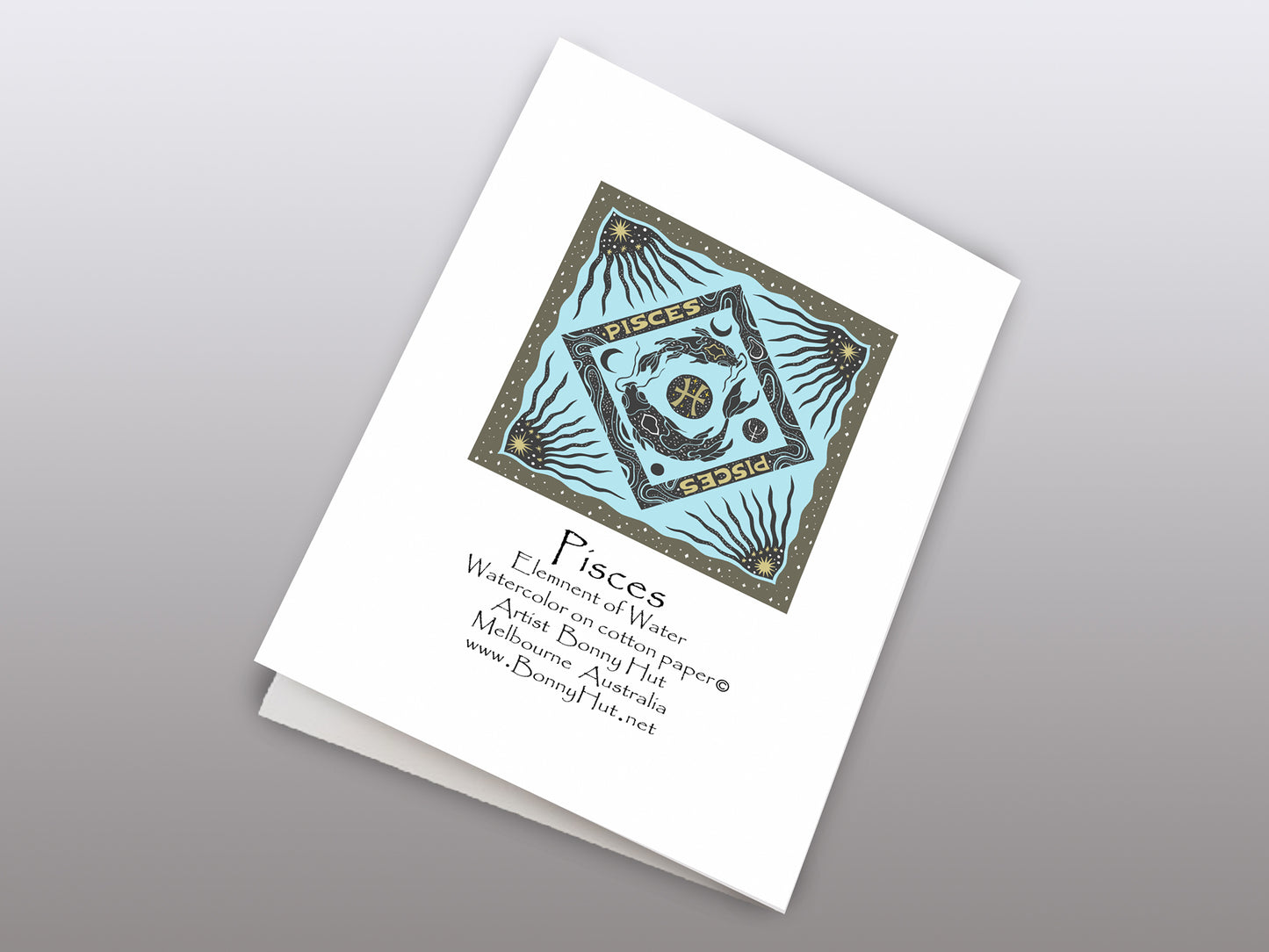 Pisces Star sign Birthday Card. Zodiac Celestial Art Nouveau watercolor art folded cards. Back of card.