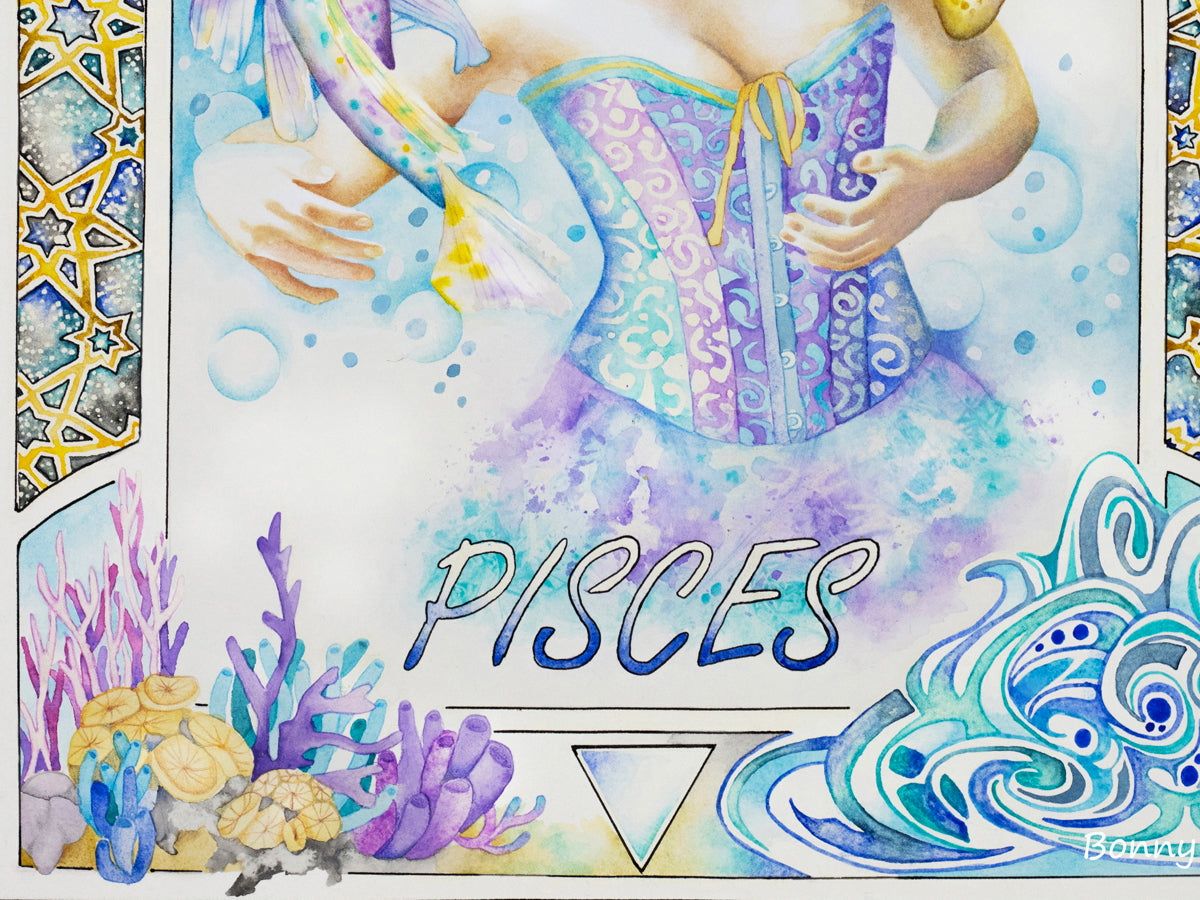 Pisces Star sign Birthday Card. Zodiac Celestial Art Nouveau watercolor art folded card with a focus on the element of water. This is a detail of the bottom of the card.