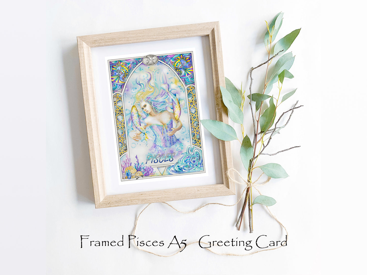 Pisces Star sign Birthday Card. Zodiac Celestial Art Nouveau watercolor art folded cards. Framed card.