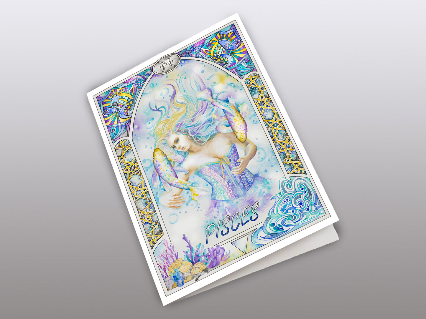 Pisces Star sign Birthday Card. Zodiac Celestial Art Nouveau watercolor art folded card with a focus on the element of water.