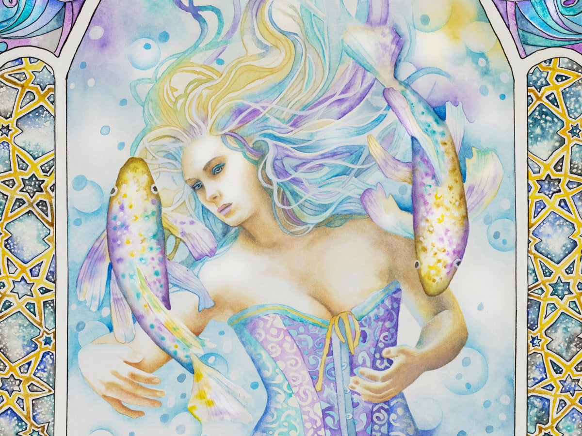 Pisces Star sign Birthday Cards with Celestial Zodiac watercolor art