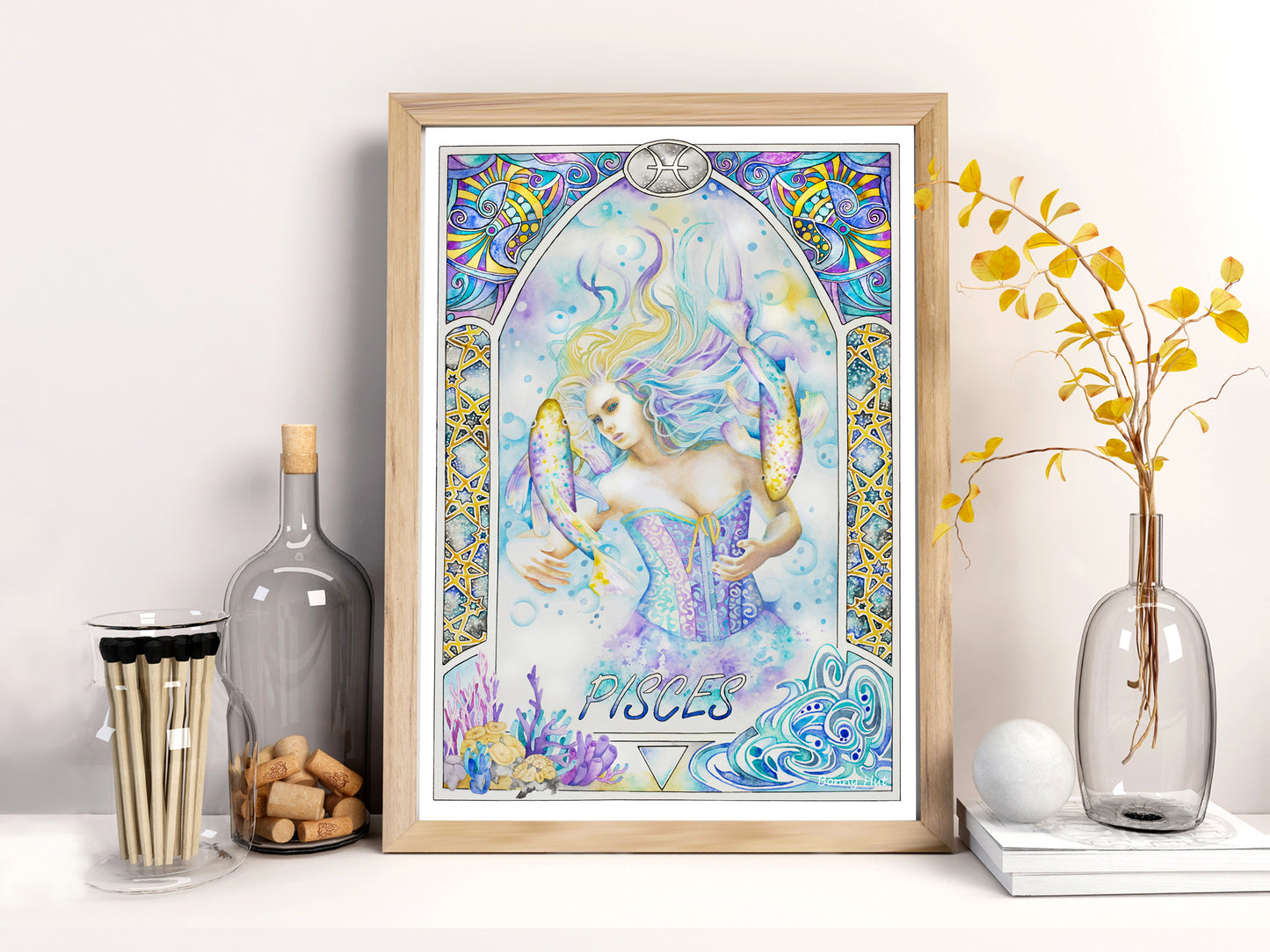 Pisces watercolor framed wall art prints for sale, Art Nouveau Zodiac Star Sign birthday gifts from our Metaphysical store.