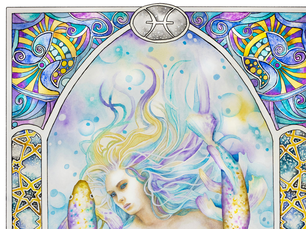 Pisces watercolor wall art prints for sale, Art Nouveau border. Zodiac Star Sign birthday gifts from our Metaphysical store.