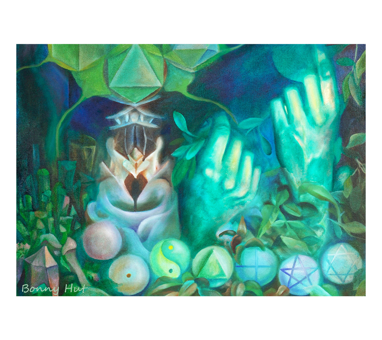 Sacred Geometry surreal wall art print, surreal Esoteric-Metaphysical decor gift. Reproduced from an original oil painting in shades of blue and green. Sacred numbers.