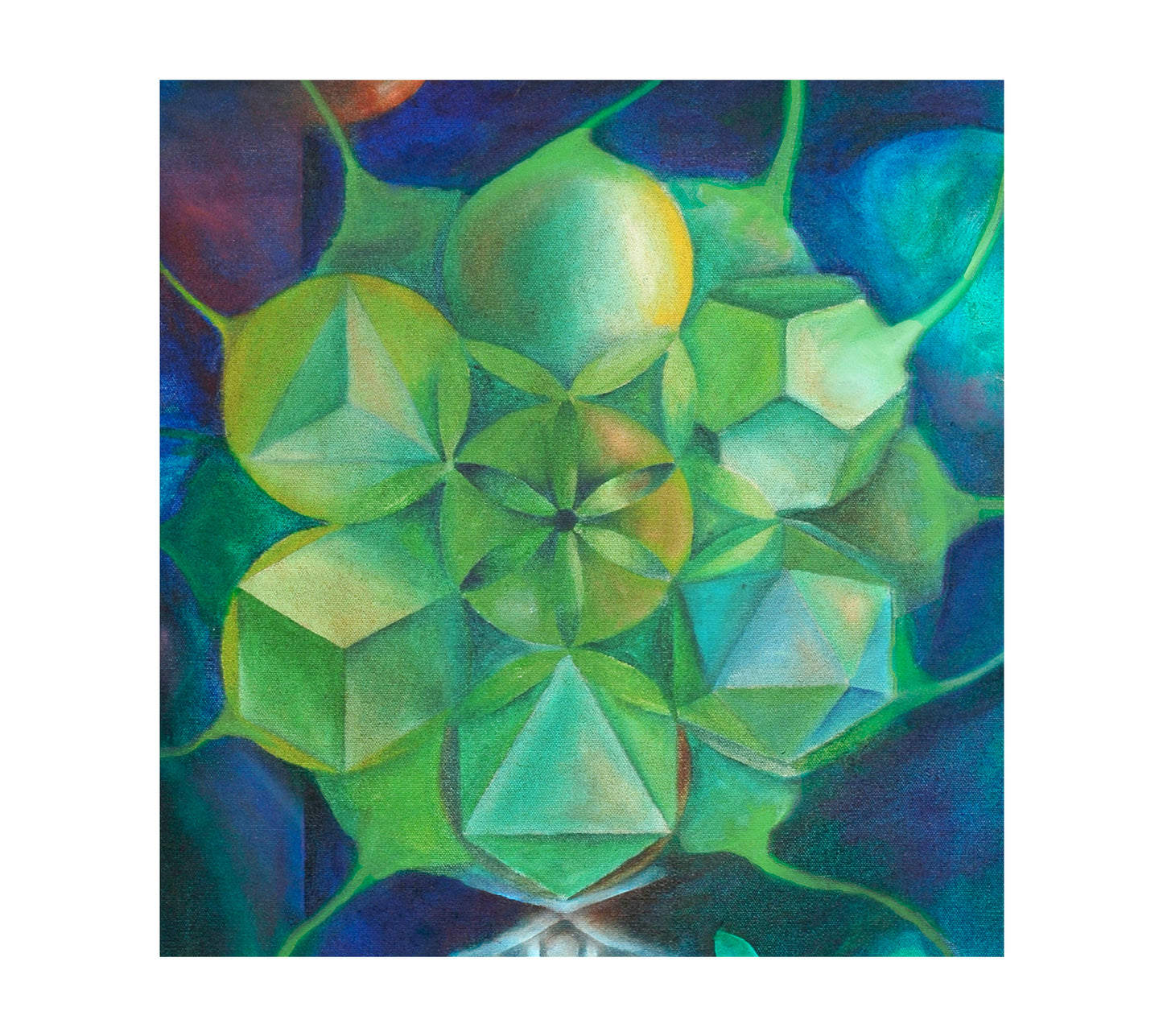 Sacred Geometry surreal wall art print, surreal Esoteric-Metaphysical decor gift. Reproduced from an original oil painting in shades of blue and green. Seed of life.