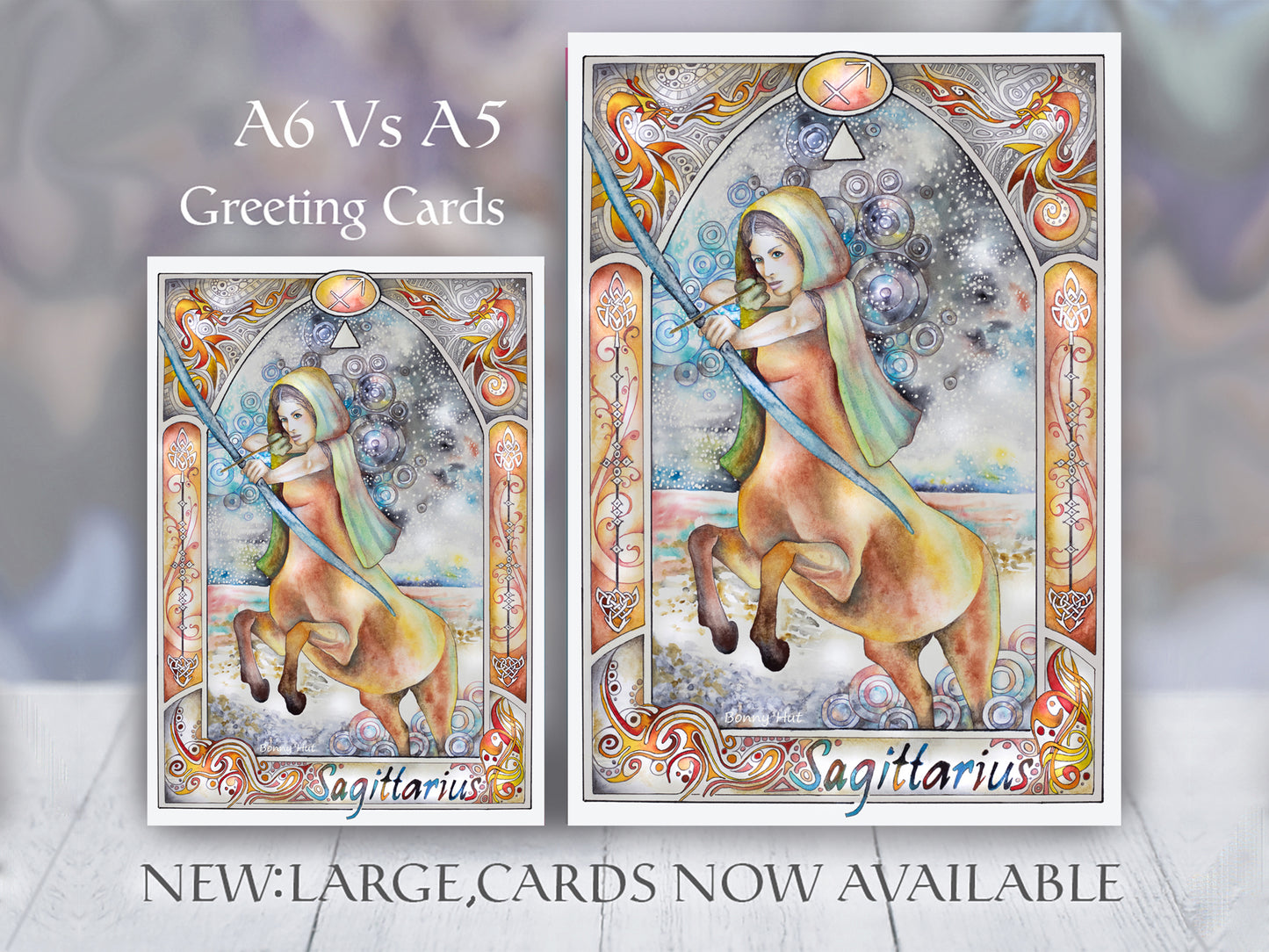 Sagittarius Star sign Birthday Card. Zodiac Celestial Art Nouveau watercolor art folded cards. Larger A5 sizes and smaller A6 size.