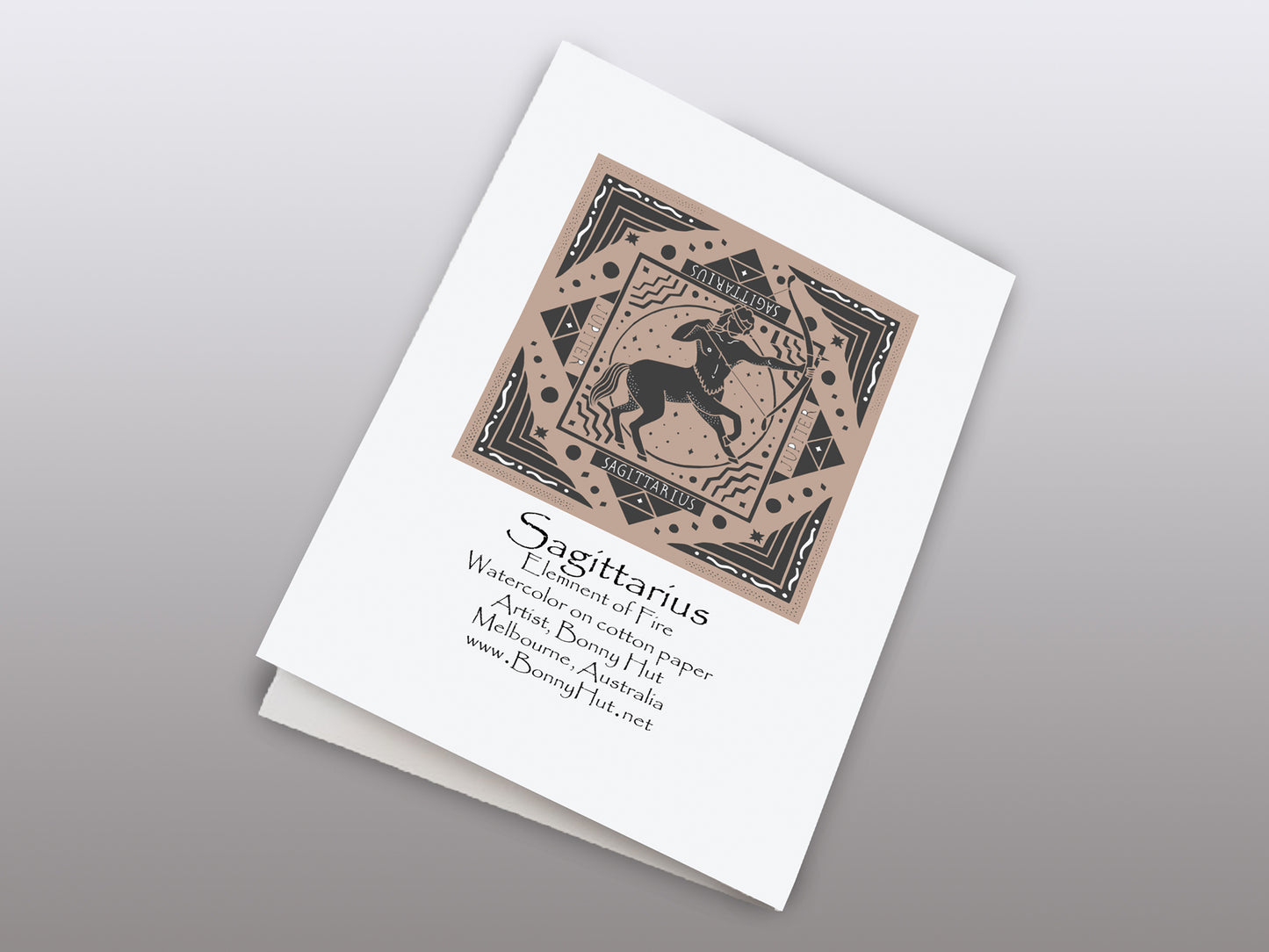 Sagittarius Star sign Birthday Card. Zodiac Celestial Art Nouveau watercolor art folded cards. Back of the card.