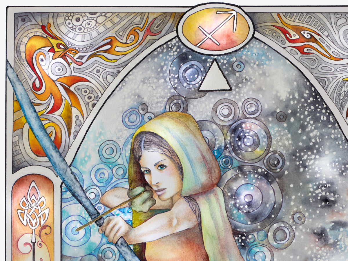 Sagittarius Star sign Birthday Card. Zodiac Celestial Art Nouveau watercolor art folded cards. Portrait detail of the archer / centaur.