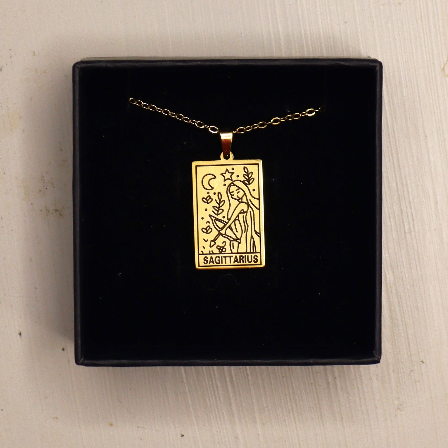 Sagittarius birthday gift necklace-pendant, Zodiac star-sign jewellery for horoscope astrological lovers. Spiritual esoteric gifts for her. Packaged in a black box with velvet.