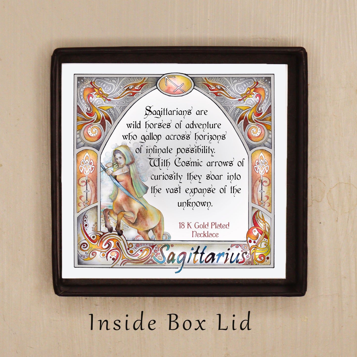Sagittarius birthday gift necklace-pendant, Zodiac star-sign jewellery for horoscope astrological lovers. Spiritual esoteric gifts for her with inpiring emotional quote with art nouveau watercolor border.