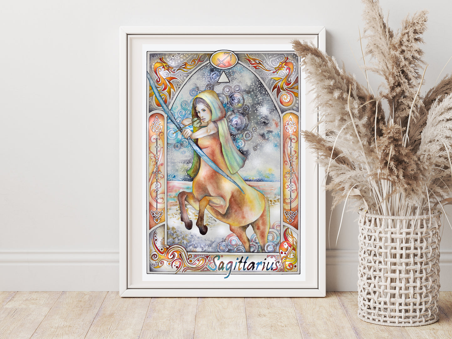 Sagittarius watercolor framed wall art prints for sale, Art Nouveau Zodiac Star Sign birthday gifts from our Metaphysical store.