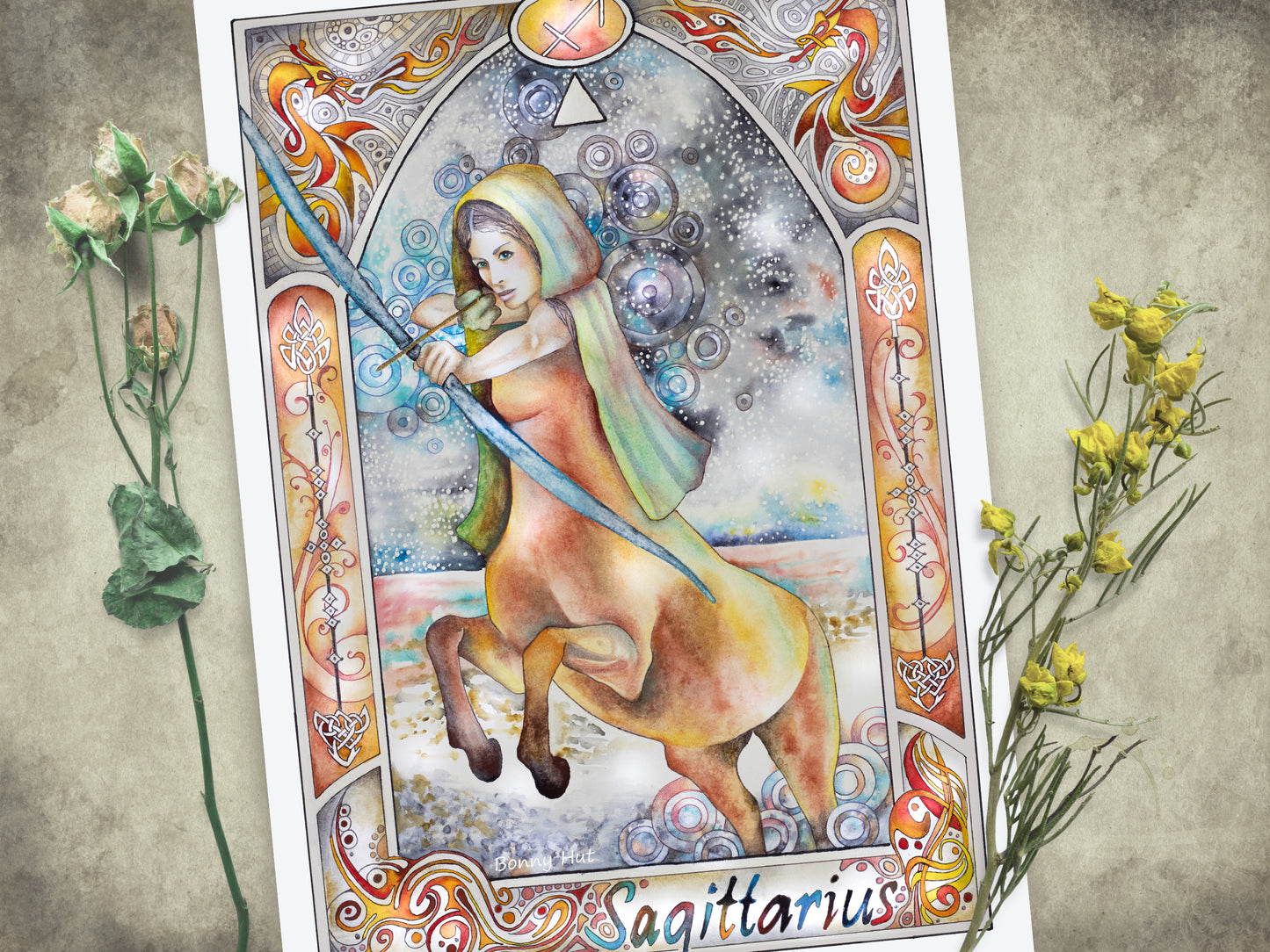 Sagittarius watercolor wall art prints for sale, Art Nouveau Zodiac Star Sign birthday gifts from our Metaphysical store.