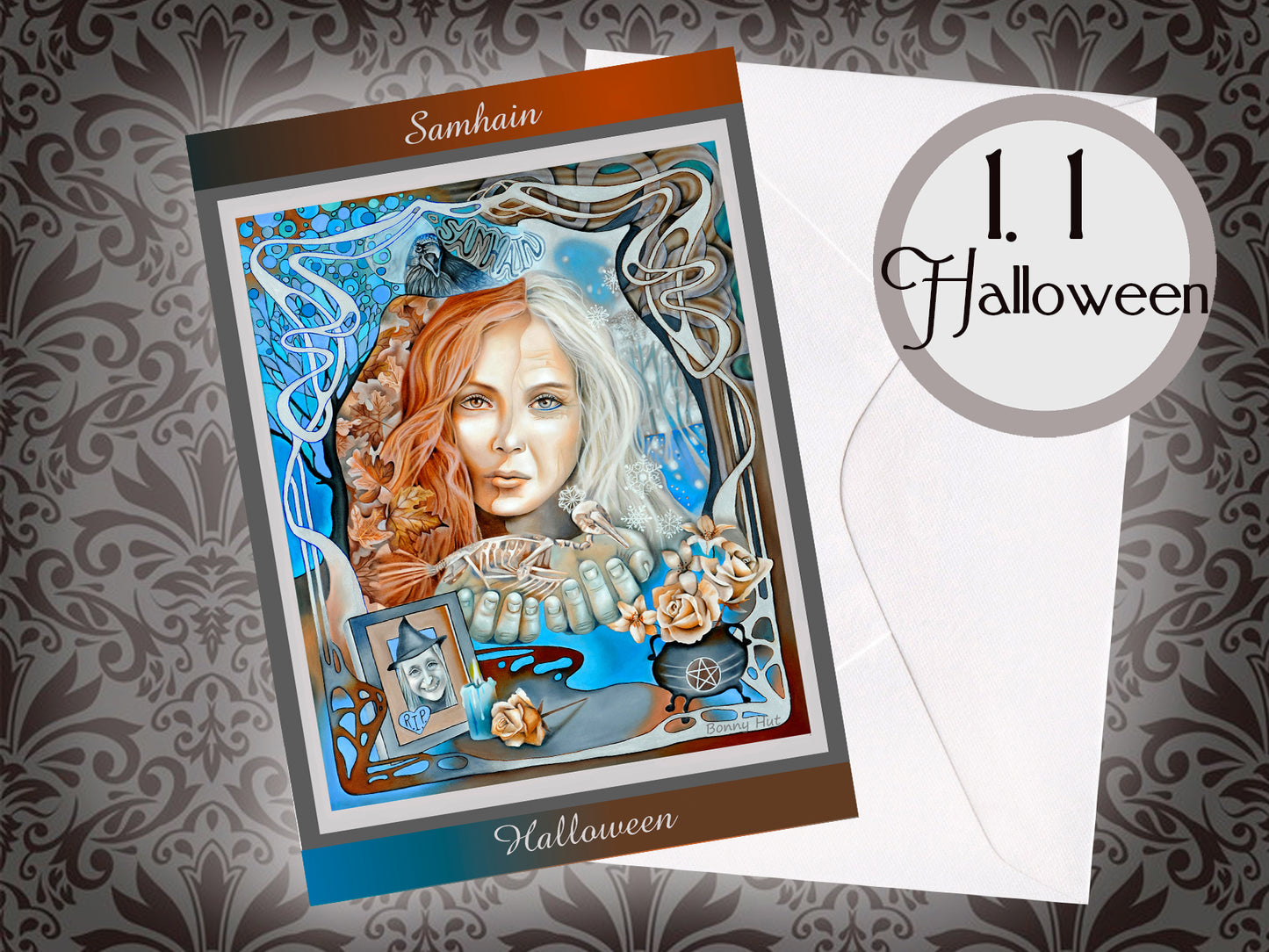 Samhain Halloween Witchy Gifts Wiccan Wheel of the Year Greeting Cards Art Nouveau inspired with mixed bulk options of all 8 Pagan Sabbats