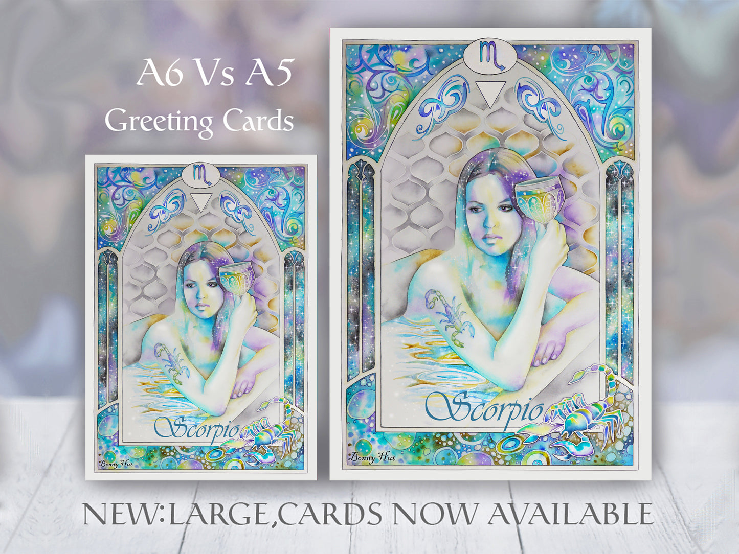 Scorpio Star sign Birthday Card. Zodiac Celestial Art Nouveau watercolor art folded cards in large A5 size and smaller 6 size.