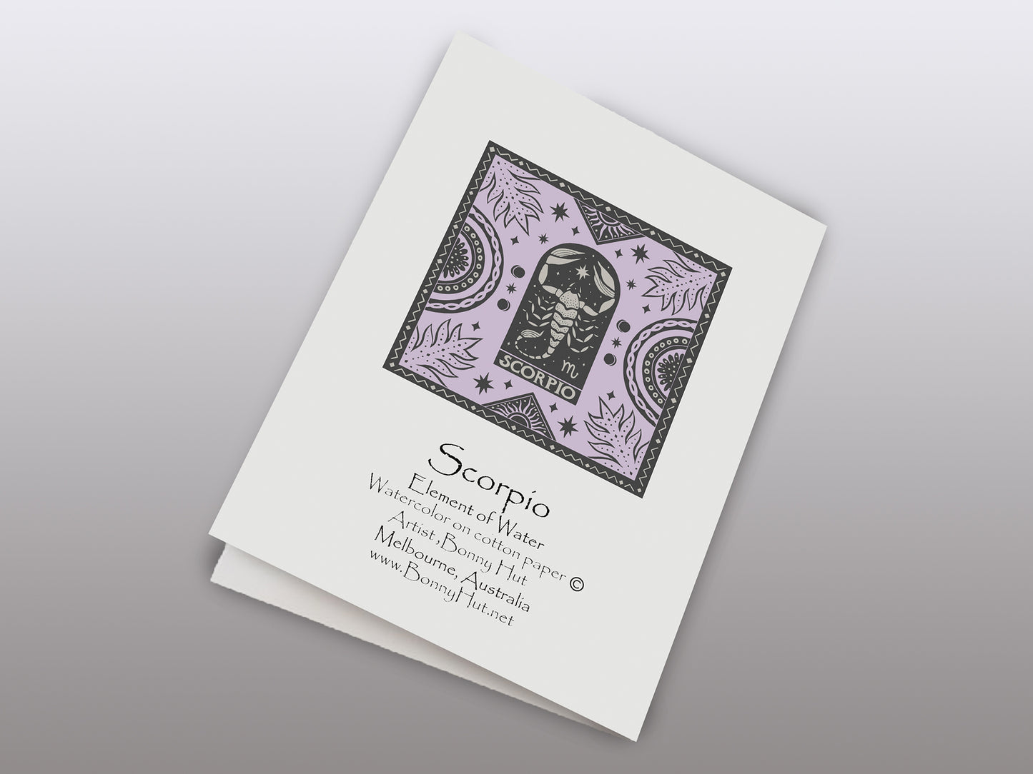 Scorpio Star sign Birthday Card. Zodiac Celestial Art Nouveau watercolor art folded cards. Back of card.