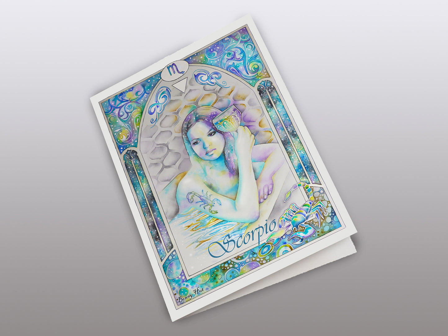 Scorpio Star sign Birthday Card. Zodiac Celestial Art Nouveau watercolor art folded card with a focus on the element of water.