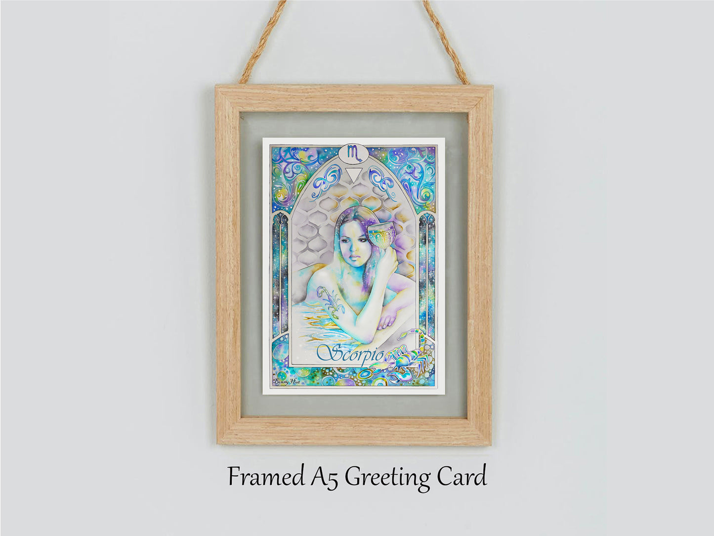 Scorpio Star sign Birthday Card. Zodiac Celestial Art Nouveau watercolor art framed card.