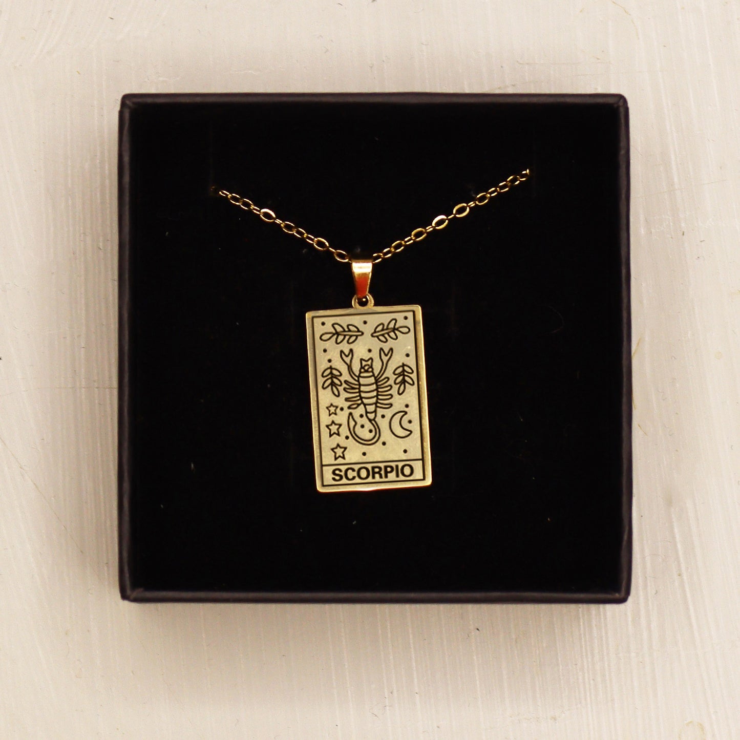 Scorpio birthday gift necklace-pendant, Zodiac star-sign jewellery for horoscope astrology lovers. Spiritual esoteric gifts for her. Pendant is displayed in black velvet box.