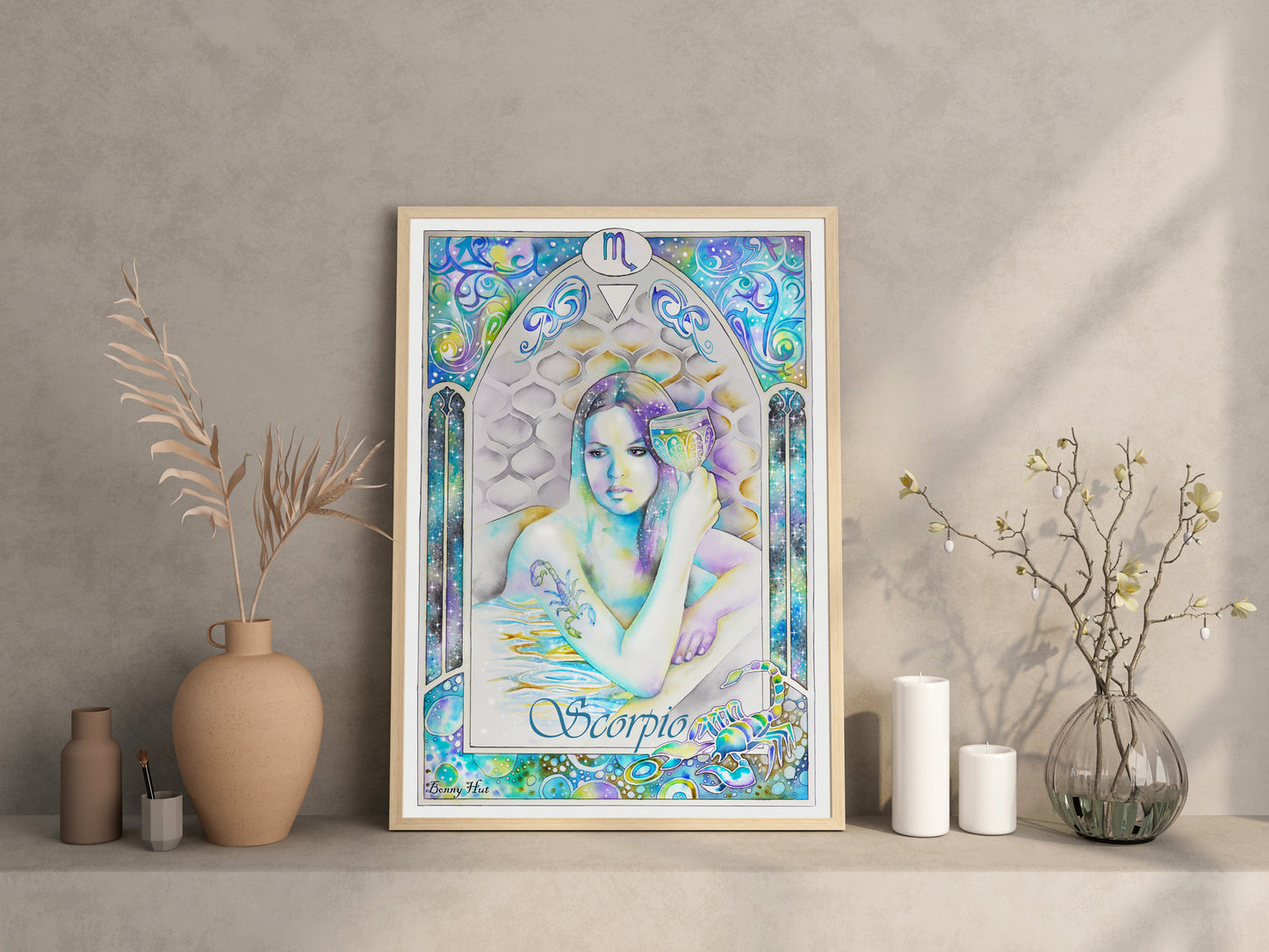Scorpio watercolor framed wall art prints for sale, Art Nouveau Zodiac Star Sign birthday gifts from our Metaphysical store.