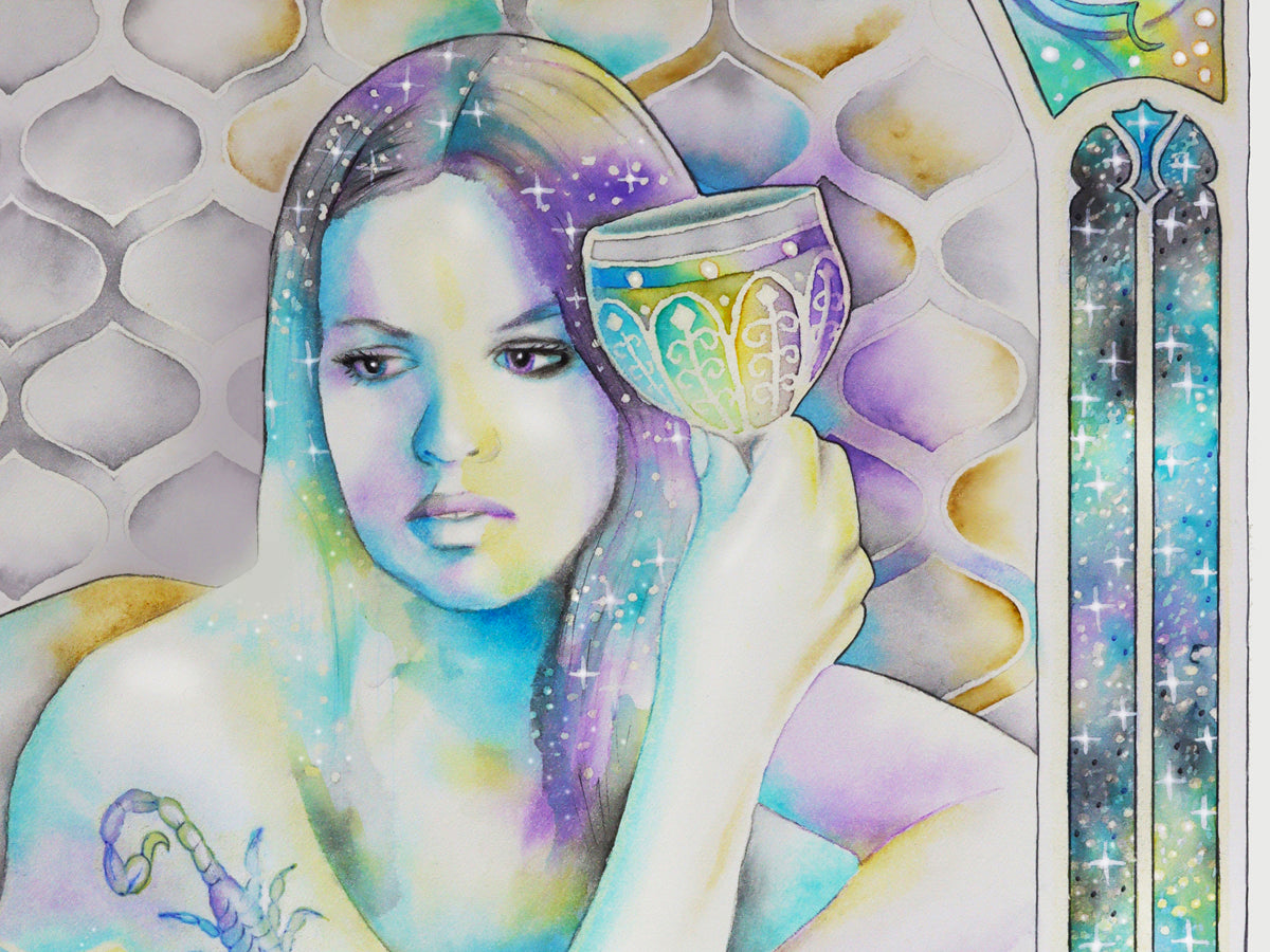 Scorpio watercolor wall art prints for sale, Art Nouveau Zodiac Star Sign birthday gifts from our Metaphysical store. This is a portrai detail from the painting.