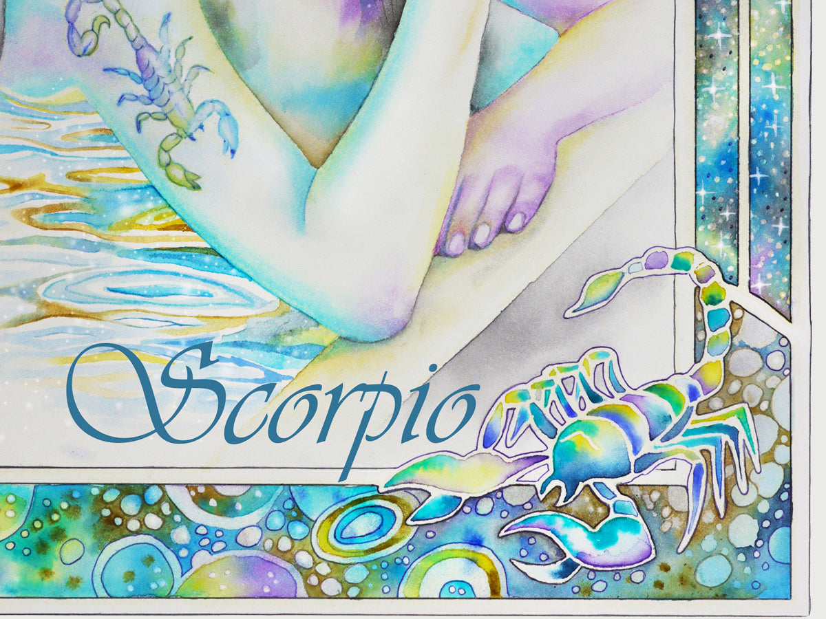 Scorpio watercolor wall art prints for sale, Art Nouveau Zodiac Star Sign birthday gifts from our Metaphysical store. This is a scorpion detail of the painting.