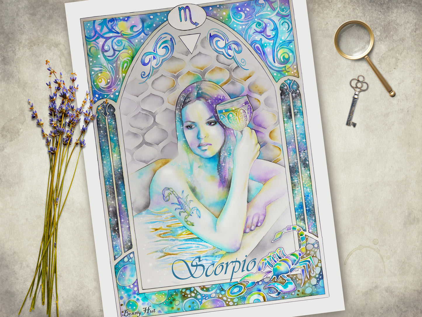 Scorpio watercolor wall art prints for sale, Art Nouveau Zodiac Star Sign birthday gifts from our Metaphysical store.