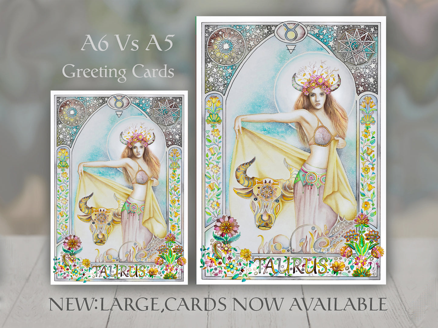 Taurus Star sign Birthday Card. Zodiac Celestial Art Nouveau watercolor art folded cards. Large A5 size and smaller A6 size