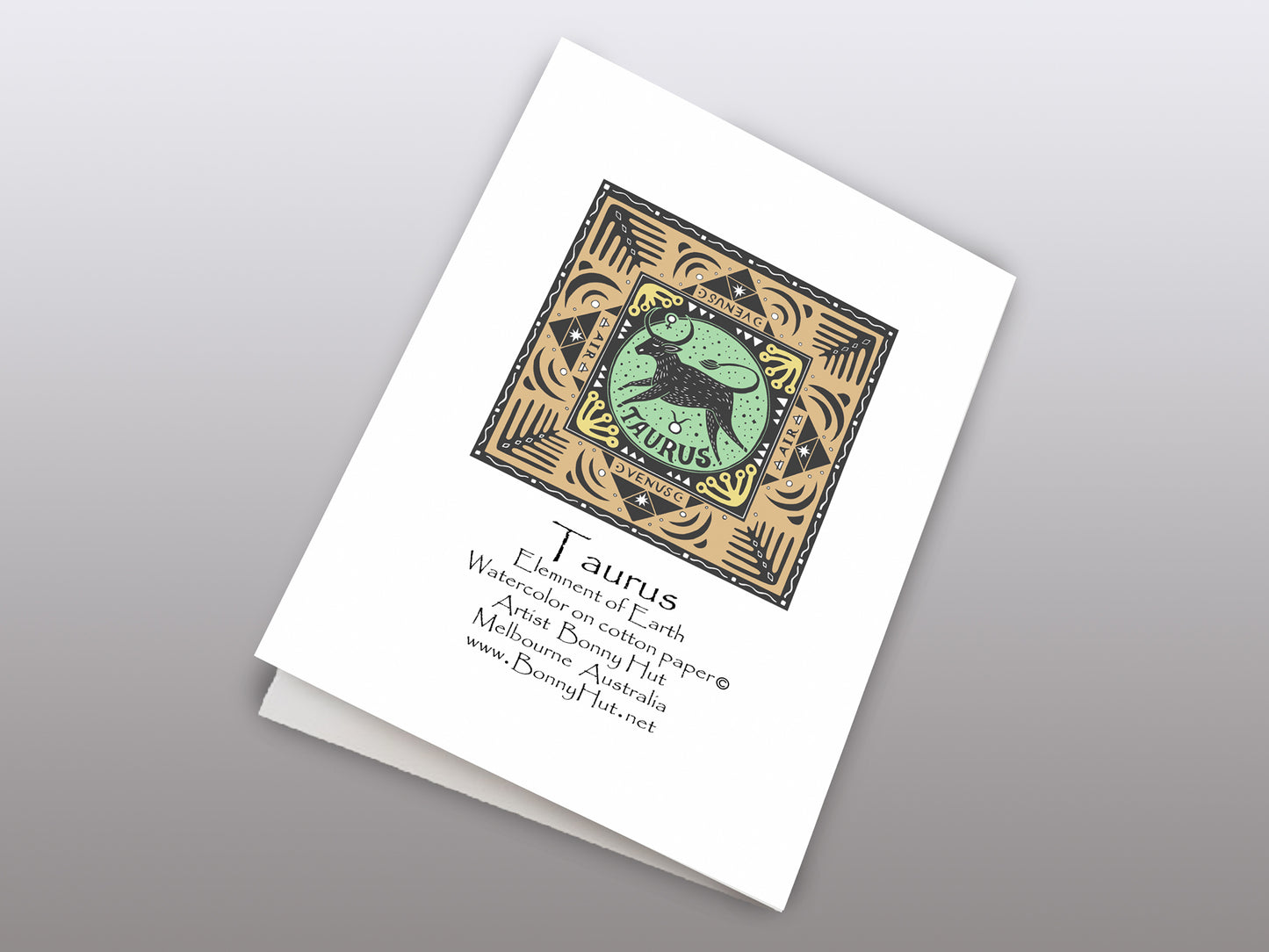 Taurus Star sign Birthday Card. Zodiac Celestial Art Nouveau watercolor art folded cards. Back of the card.