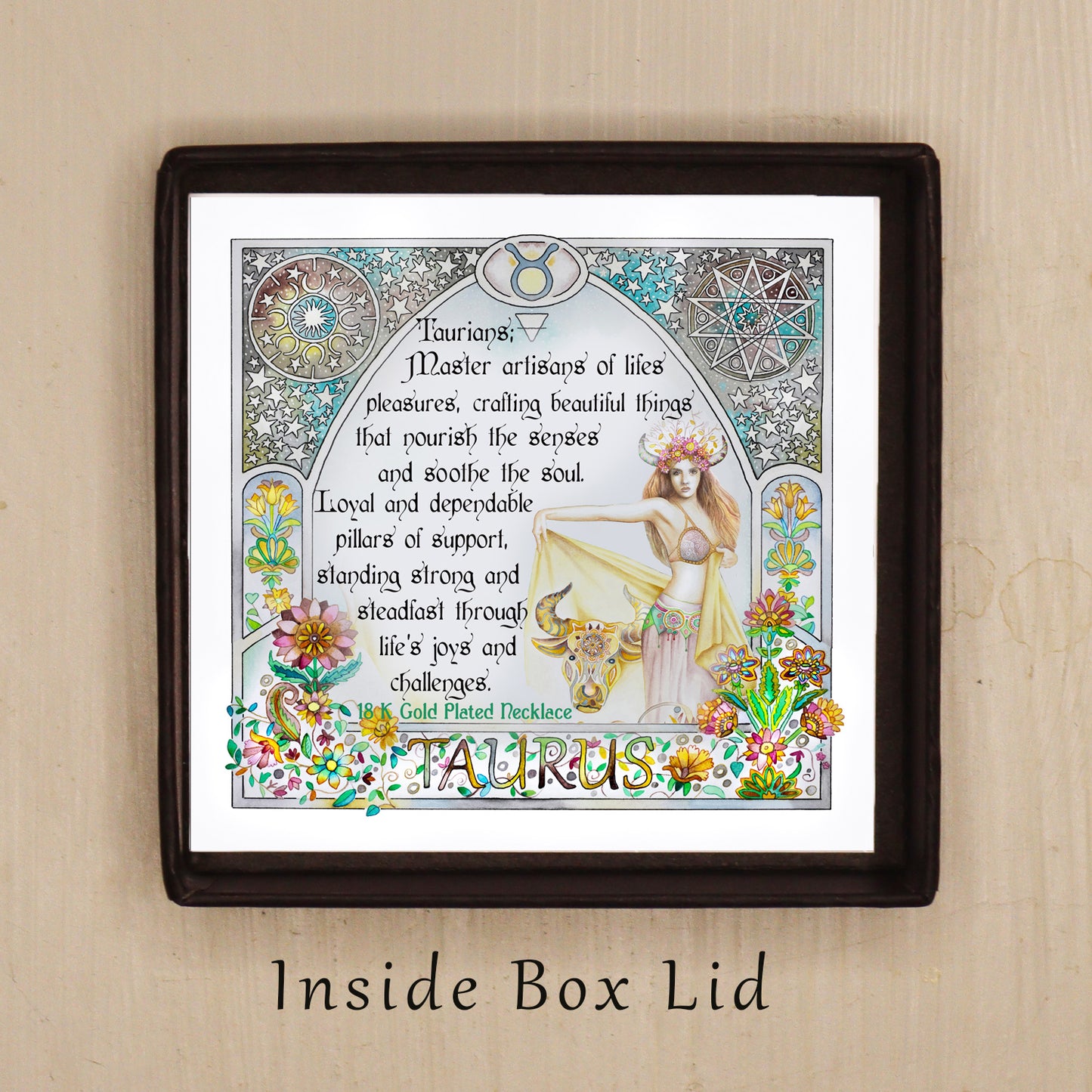 Taurus birthday gift necklace-pendant, Zodiac star-sign jewellery. Spiritual Esoteric gifts for her. Great for horoscope astrology lovers. Inspiring phrase quote set in a beautiful art nouveau watercolor border frame.