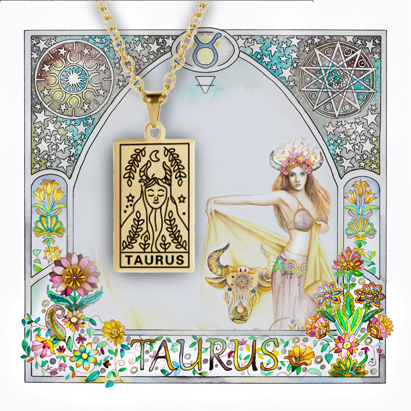 Taurus birthday gift necklace-pendant, Zodiac star-sign jewellery. Spiritual Esoteric gifts for her. Great for horoscope astrology lovers. Set in a beautiful art nouveau watercolor border frame.