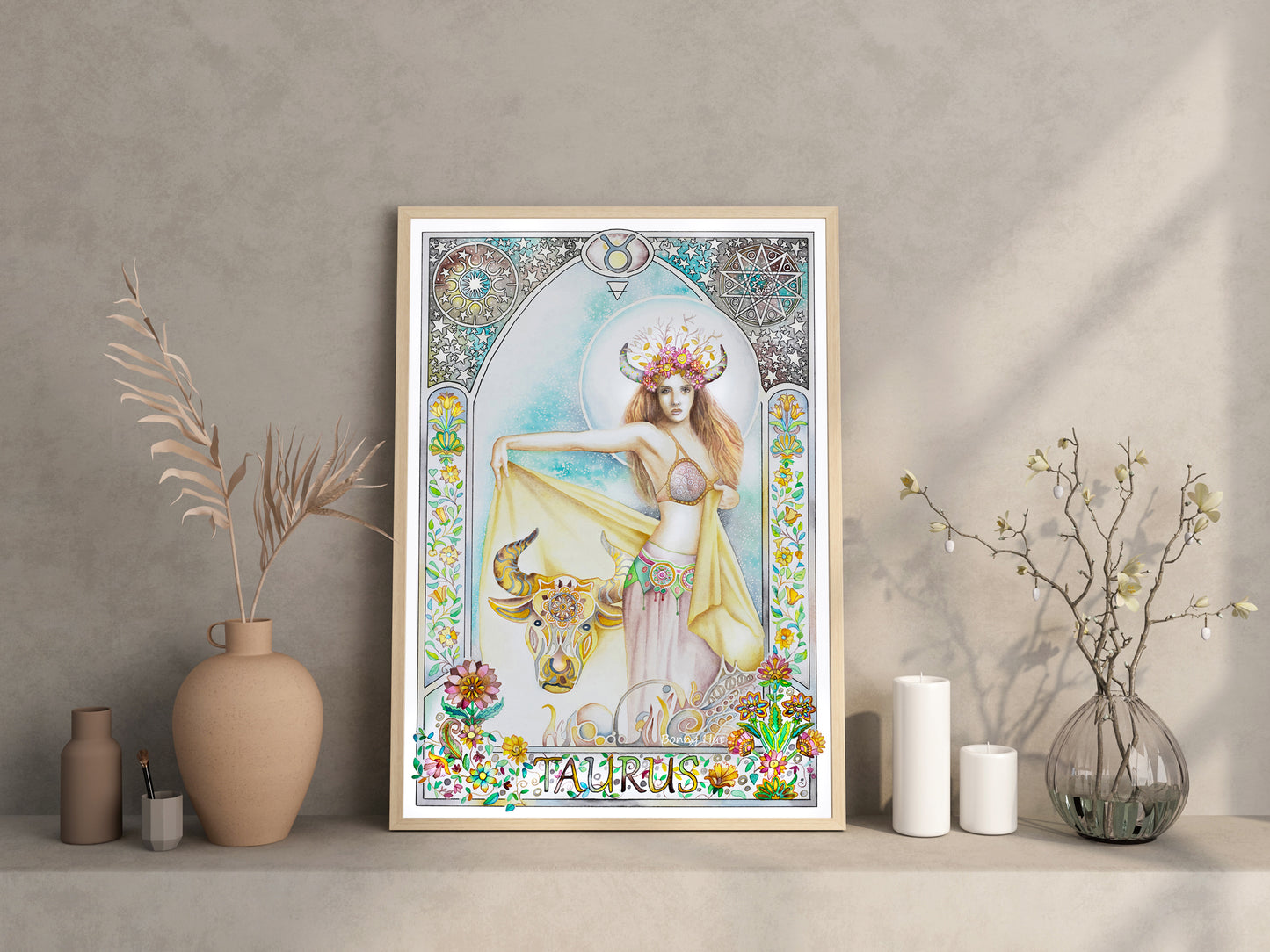Taurus watercolor framed wall art prints for sale, Art Nouveau Zodiac Star Sign birthday gifts from our Metaphysical store.