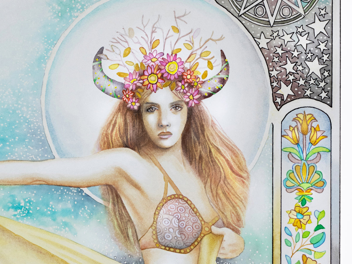 Taurus watercolor wall art prints for sale, Art Nouveau Zodiac Star Sign birthday gifts from our Metaphysical store. Portrait detail from the painting.