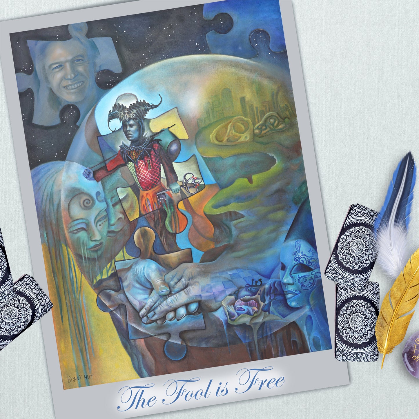 The Fool Jester Tarot wall Art Print, Surreal Esoteric Divination artwork from an original oil painting. A3 giclee print.