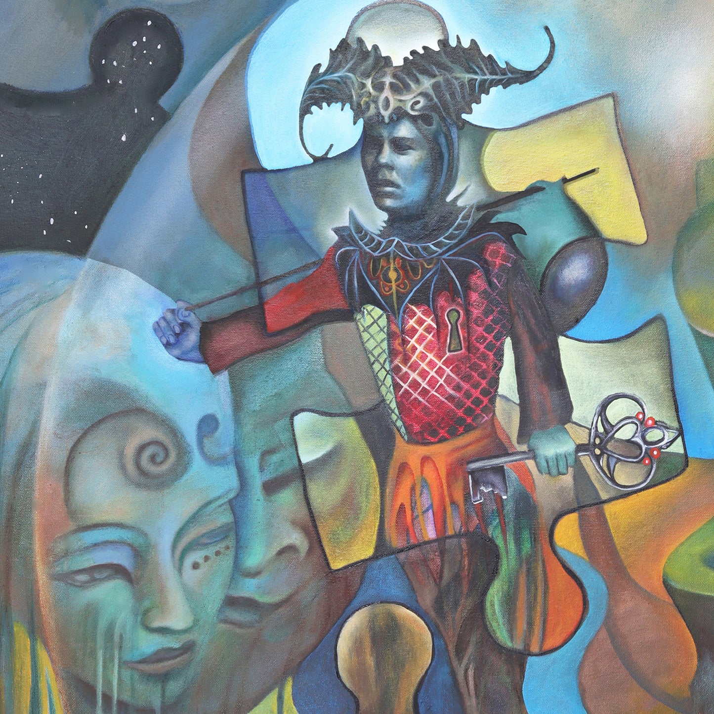 The Fool Jester Tarot wall Art Print, Surreal Esoteric Divination artwork from an original oil painting. Jester.
