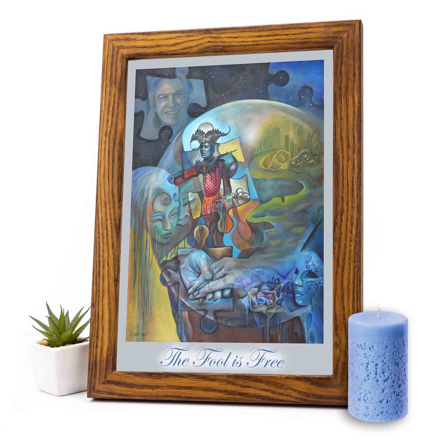 The Fool Jester Tarot wall Art Print, Surreal Esoteric Divination artwork from an original oil painting. Framed.